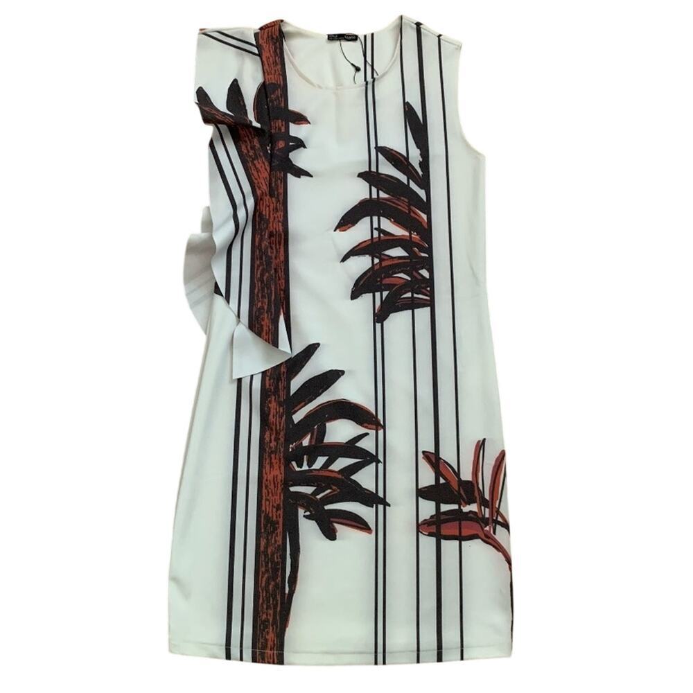 Zara Striped Palm Print Sleeveless Ruffle Bodycon Mini Dress Sz S Party Wedding